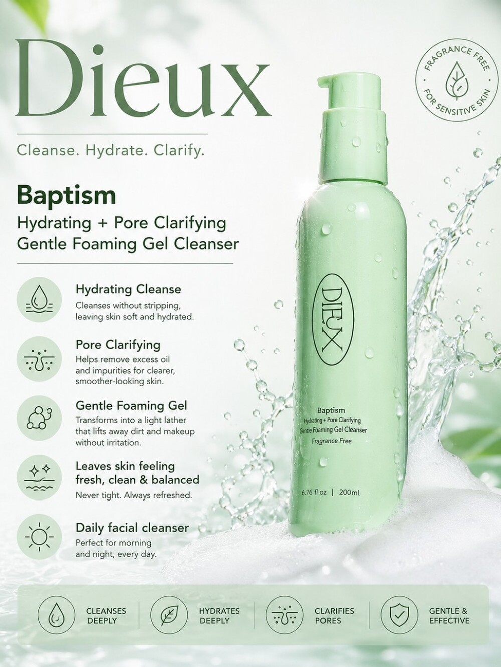 Dieux Baptism Hydrating + Pore Clarifying Gentle Foaming Gel Cleanser — Green